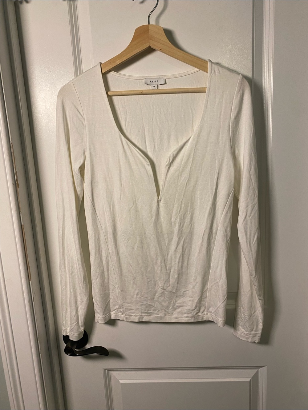 Reiss Cream Long-Sleeve Deep V Neck Top